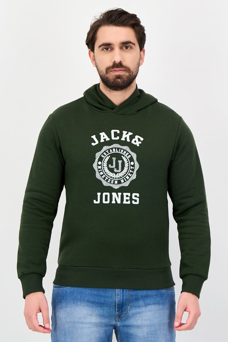 JACK & JONES Men Brand Logo Long Sleeve Hoodie, Olive Green - Image 1